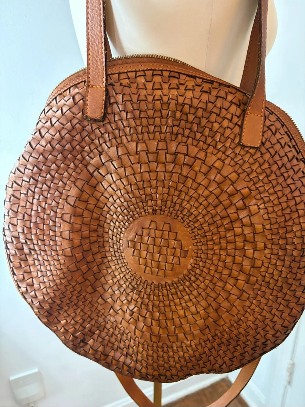 Sundance Woven Round Tote Leather with shoulder Handles Crossbody Cognac Brown